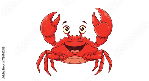 Happy cartoon crab with raised claws waving hello.