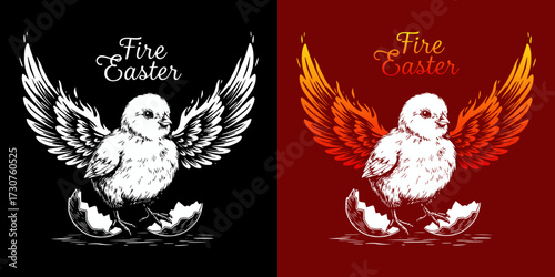 Chicken emerging from egg with fiery wings for Easter design, isolated vector image, two design options on black and red backgrounds, card design, T-shirt print
  