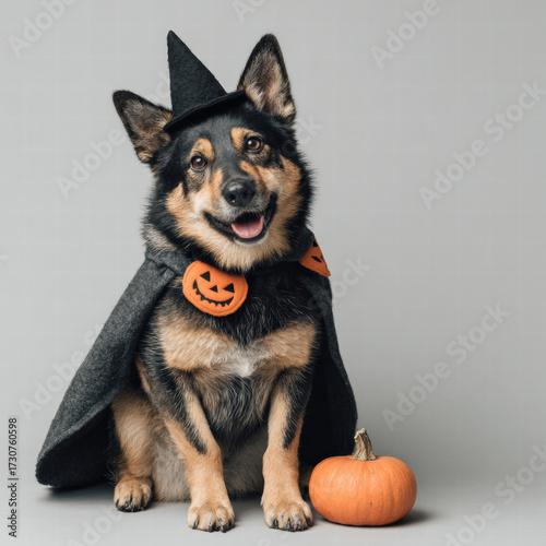 Dog Halloween costume pumpkin cape witch hat happy sitting festive pet