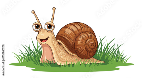 A happy cartoon snail with big eyes sits in the grass.