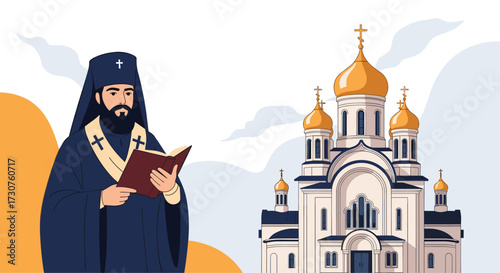 Orthodox priest reading from a holy book near a grand church.