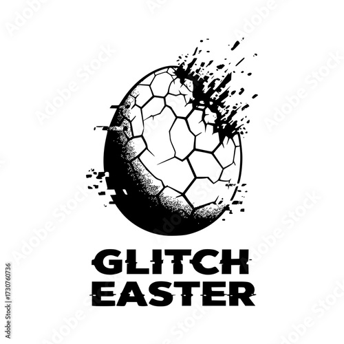 Glitch Easter egg breaking apart with splashes, isolated vector image on a transparent background, card design, T-shirt print
