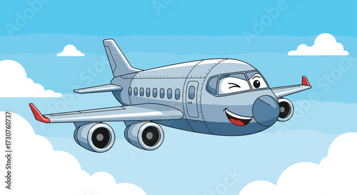 A happy cartoon airplane flying through the clouds.