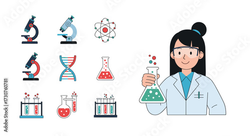 Scientist conducting research in a laboratory with scientific equipment and symbols.
