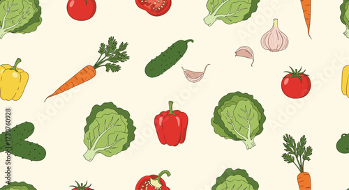 A pixelated pattern of fresh vegetables on a light background.