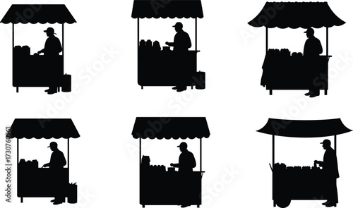 Market stall silhouettes, vendor figures, small business, selling goods, canopy design, street commerce, retail scene, shadow art, trade, illustration