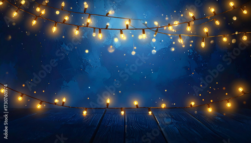 Strings of warm yellow lights hanging across dark blue night sky with wooden deck—evoking festive magic, cozy ambiance, and outdoor celebration.