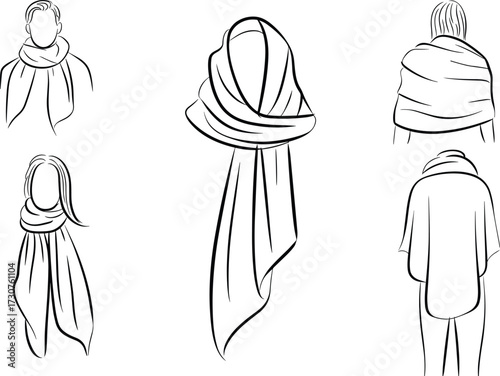 Scarf wrapping styles illustration, fashion accessory sketch, winter clothing design, hand drawn scarf tutorial, cozy outfit inspiration vector art