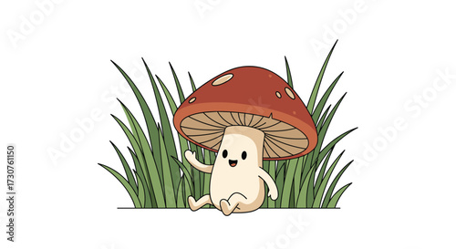 A cute cartoon mushroom sitting in the grass waving hello.
