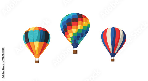 Brightly colored hot air balloons float serenely in the vast sky on a clear day.