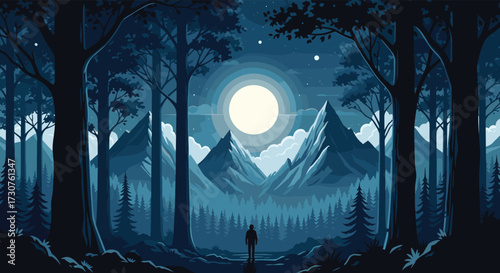 A lone figure gazes at a majestic moonlit mountain landscape with dark forest trees.