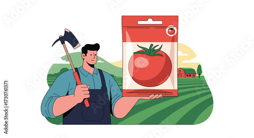 A farmer holding a tomato seed packet in a field.