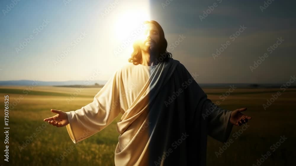 Jesus Christ in radiant light over field, a symbol of salvation, hope ...