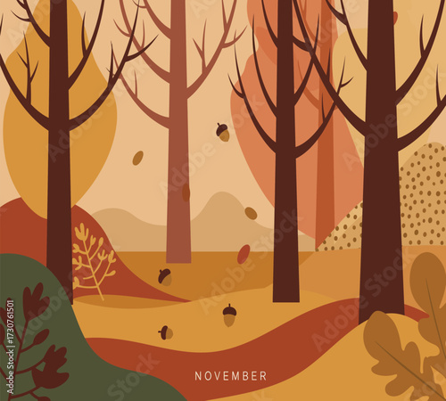 Vector art of a serene november landscape with bare trees and falling leaves, capturing the essence of autumns beauty and tranquility, perfect for nature lovers and those seeking a peaceful scene