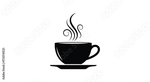 A steaming cup of dark roasted coffee sits on a saucer with wisps of steam rising.