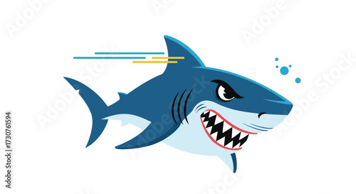 An aggressive shark swims quickly through the ocean waters showing its sharp teeth.
