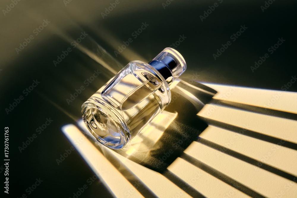 Obraz premium A bottle of perfume spray in an interesting light with stripes of shadows.