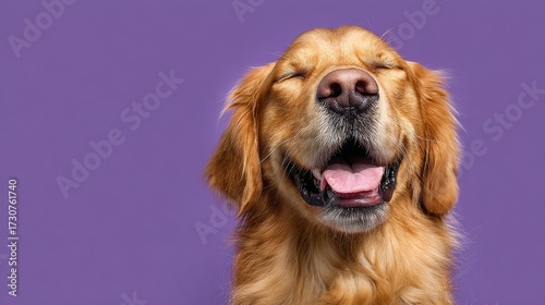 happy golden retriever dog smiling with closed eyes open mouth purple background studio shot