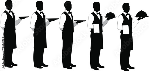 Waiter silhouettes, serving tray, formal attire, food service, cloche presentation, napkin gesture, restaurant staff, elegant pose, hospitality, dining scene