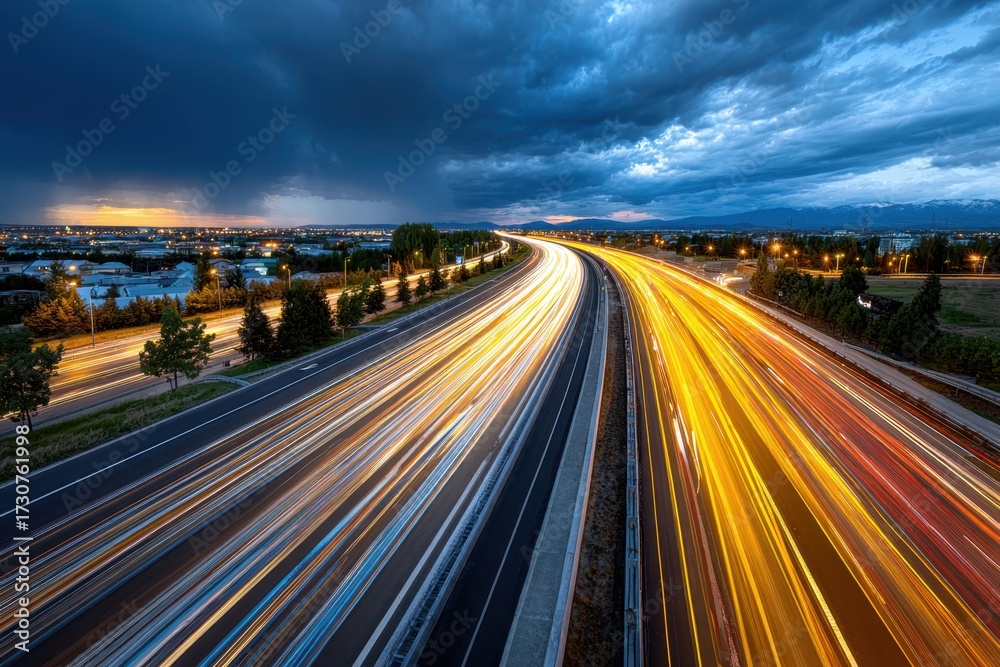 Obraz premium Highway light trails under a dramatic evening sky