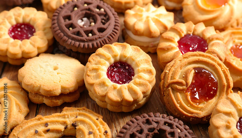 Assorted cookies with jam centers, cream fillings, and chocolate designs on wooden surface—evoking cozy indulgence, artisanal variety, and nostalgic sweetness.