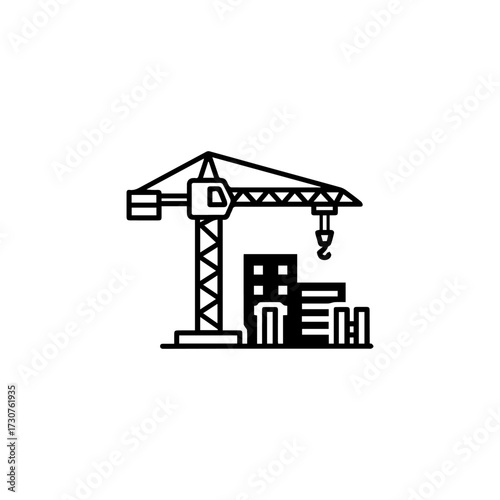 Black  white line art A construction crane towers over buildings on a construction site