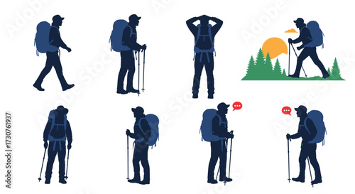 Diverse poses of a silhouette hiker with backpack and trekking poles capturing various moments of outdoor adventure.
