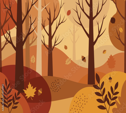 Vector art of a serene november landscape with bare trees and falling leaves, capturing the essence of autumns beauty and tranquility, perfect for nature lovers and those seeking a peaceful scene