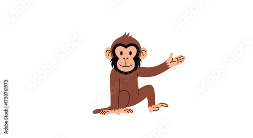 A playful monkey sits on the floor and gestures with its hand.