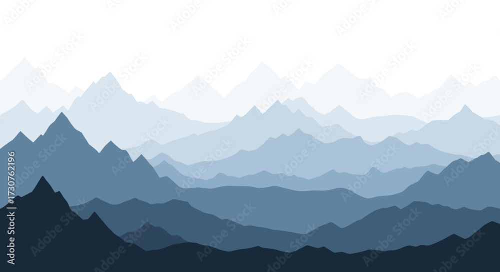 Obraz premium A vast landscape of layered blue mountain ranges fading into a soft white sky.