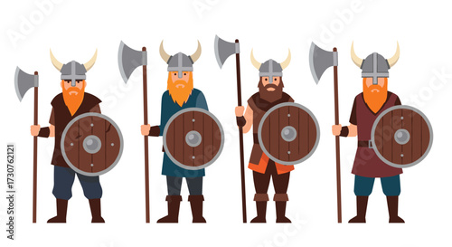 Four cartoon vikings holding axes and shields.