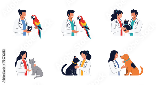 Veterinarians examining and caring for various pets including dogs cats and parrots.
