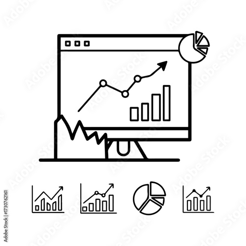 A computer monitor displays line  bar graphs with a pie chart Four small graph icons appear below