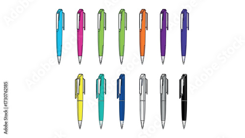 Vibrant Pen Collection: A collection of colorful pens neatly arranged, showcasing a spectrum of shades and designs. Ideal for writing, sketching, and creative endeavors.