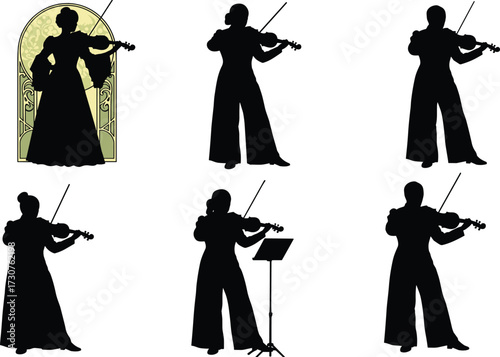 Violinist silhouettes, musical performance, artistic posture, classical instrument, shadow figures, ornate frame, music stand, expressive pose, concert scene, elegant gesture