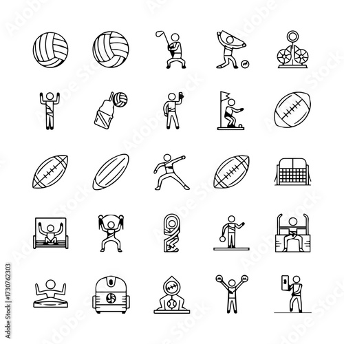 Features outlined sports icons balls athletes and equipment depicted with fine black lines on a white background