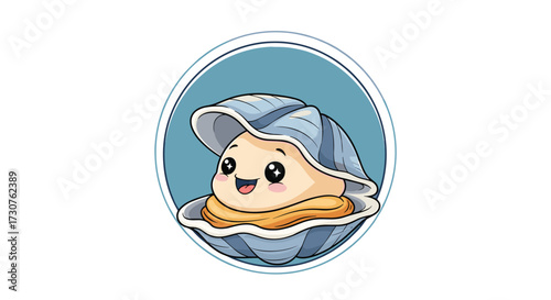 Cute cartoon oyster with a happy face inside its shell.