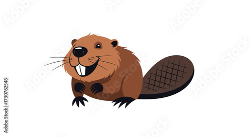 A cheerful cartoon beaver with sharp teeth and a broad tail stands on its hind legs smiling.