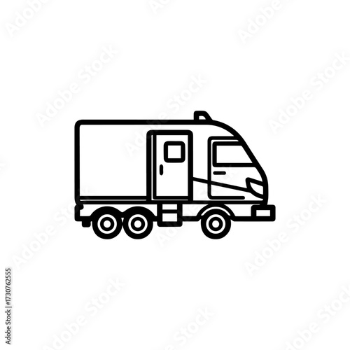 A line drawing of an RV with a square cargo area cab and wheels