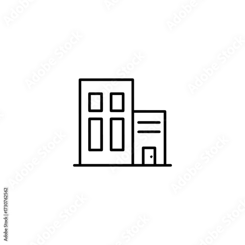 A minimalist line drawing of two connected buildings featuring windows and a door