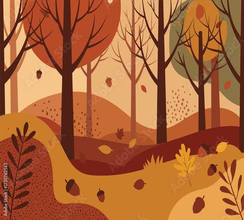 Vector art of a serene november landscape with bare trees and falling leaves, capturing the essence of autumns beauty and tranquility, perfect for nature lovers and those seeking a peaceful scene