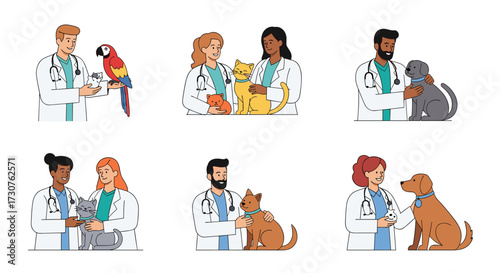 Veterinarians caring for different types of pets in clinic.