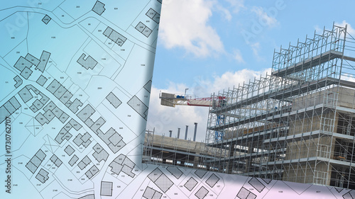 URBAN PLANNING AND MODERN CONSTRUCTION - Concept of architecture with scaffolding building and cadastral map - Ideal for real estate, city development, engineering and infrastructure projects