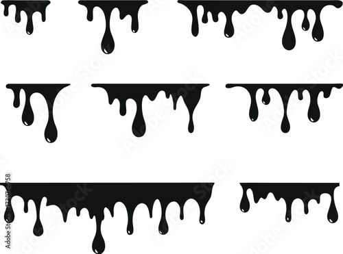 Black melt drips or liquid paint drops. Dripping liquid. Paint flows. Current paint, stains. Current drops. Current inks. Vector illustration. isolated on white background 