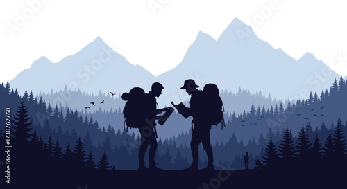 Two hikers with backpacks silhouetted against a backdrop of layered blue mountains and pine trees.
