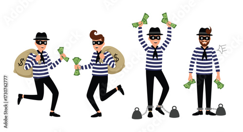 Thieves celebrating their successful heist with stolen cash and bags.