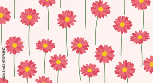 A soft pastel background with a repeating pattern of cheerful pink daisy-like flowers with yellow centers.