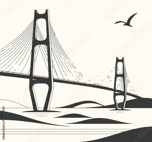 Vector art of a surreal illustration of a floating island with trees and a waterfall cascading into a circular pool below, set against a light background with stylized clouds