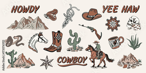 Collection of western cowboy elements including howdy yee haw and cowboy text with horses boots cacti and mountains