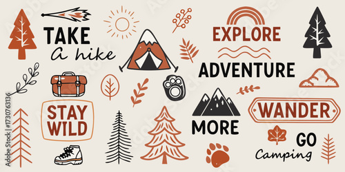 Explore adventure wander go camping take a hike stay wild hand drawn elements
